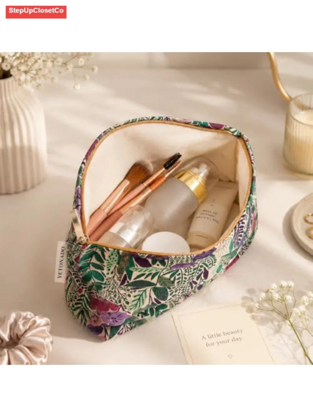 Slim Floral Makeup Pouch with Vintage Botanical Print, Cosmetic Bag for Women,